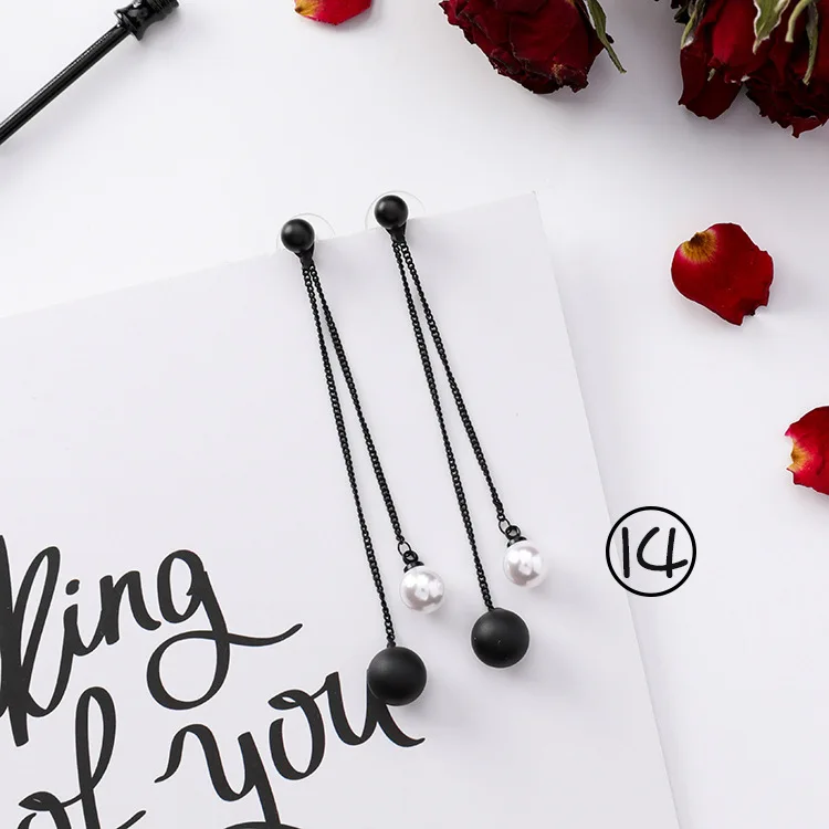 

iMucci Korean Unique Black Earrings Retro Simple Female Pearl Tassel Long Sweet Versatile Temperament Accessories