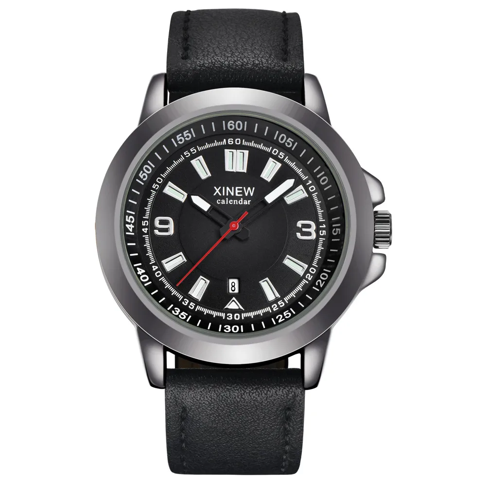 XINEW мужские наручные часы, кварцевые спортивные армейские военные кожаные часы, мужские часы s, мужские наручные часы - Цвет: BK