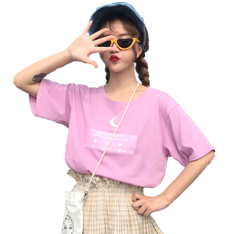 

Sweet Summer Short Sleeve Student T Shirt Fresh Feeling Cute Moon Music Player Print Girls Tops Casual Loose Women T Shirt