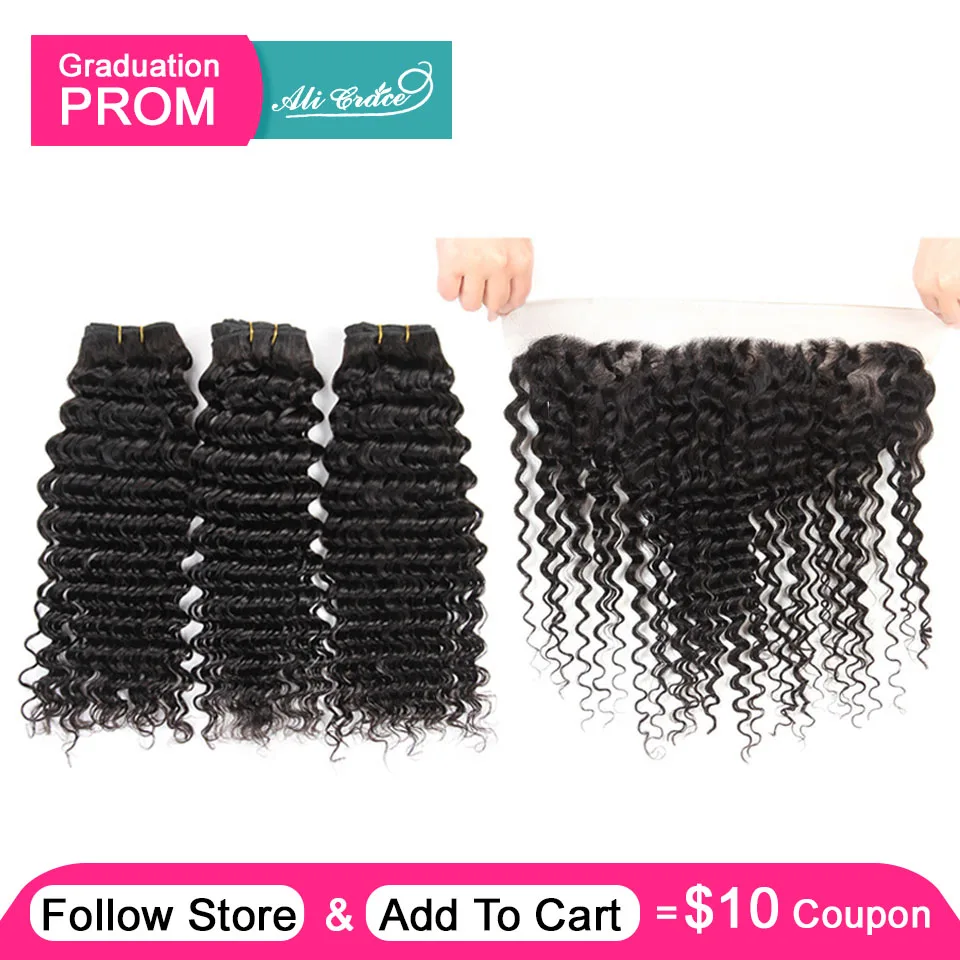 

Ali Grace Hair 3 Bundles Brazilian Deep Wave With Frontal 13*4 Free Middle Part Ear to Ear Lace Frontal Remy Human Hair