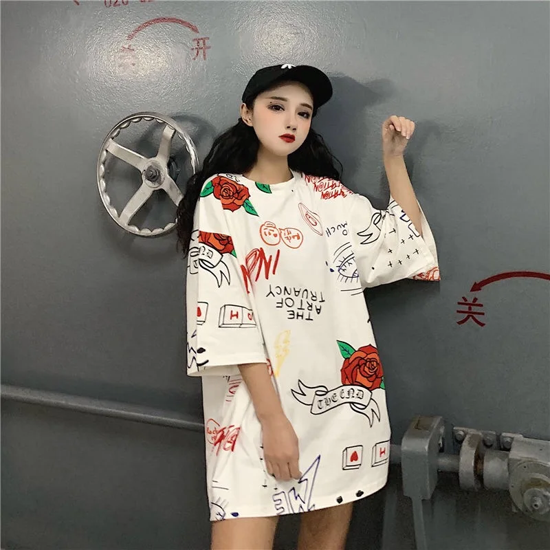 Новые уличные футболки Harajuku женские свободные повседневные топы прямого кроя с цветочным принтом Футболки