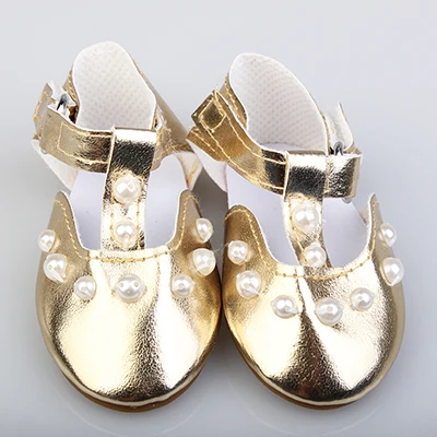 Новинка года; кукольные туфли с искусственным жемчугом; 7,5 см; оригинальные кружевные туфли для 18 дюймов; кукольные аксессуары; подарок для ребенка - Цвет: gold