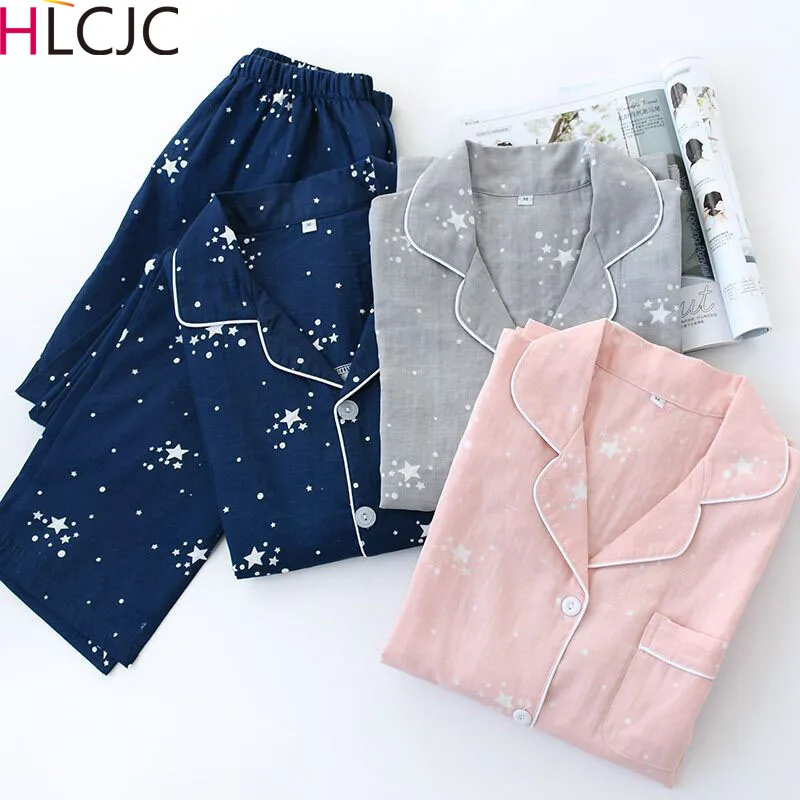 

New Couple Pajamas 2019 100% Gauze Cotton Cardigan Long-Sleeved Men And Women Pajamas Stars Lapel Couple Home Suit Sleep Wear