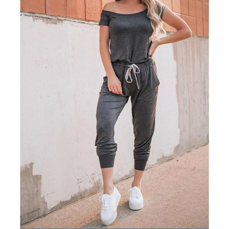 

New Fashion Women's O Neck Short Sleeve Jumpsuit Casual Pure Color Romper Ladies Fashion Slim Playsuit Sport Fitness Wear Summer