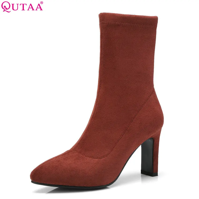 

QUTAA 2018 Women Mid Calf Boots Fashion Women Sjpes Platform Slip on Square High Heel Winter Shoes Women Boots Size 34-42