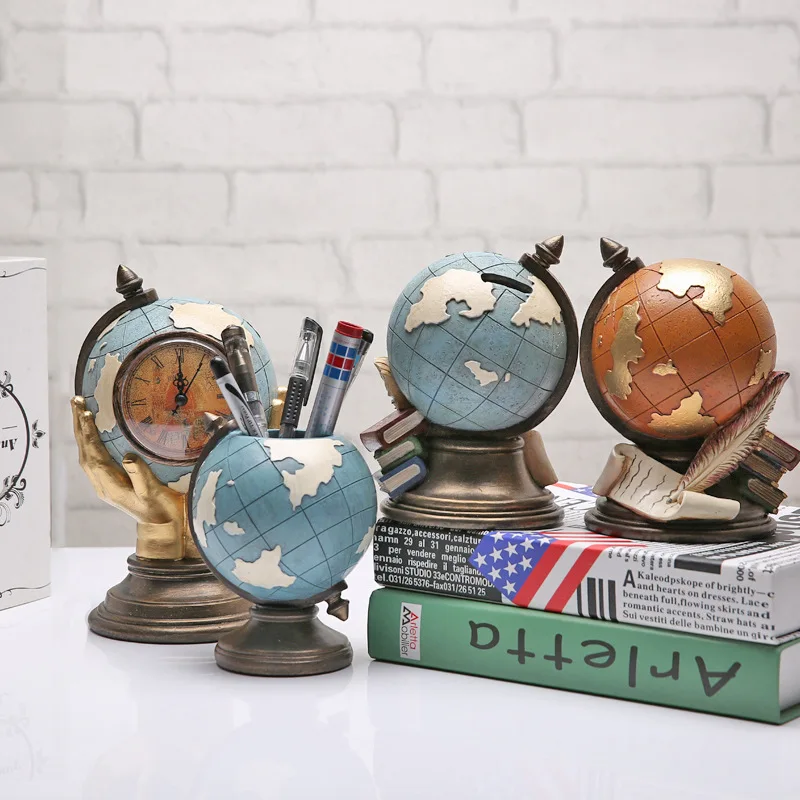 

Retro Globe Home Craft Resin Cube Globe Figurine With Clock Desktop Decor Craft Technology Storage Box Creative Birthday Gifts