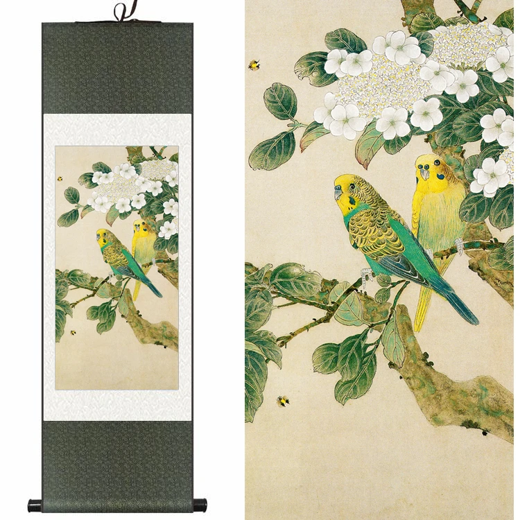 

Original Chinese Silk watercolor flower & bird two green parrots ink feng shui canvas wall picture scroll damask framed painting