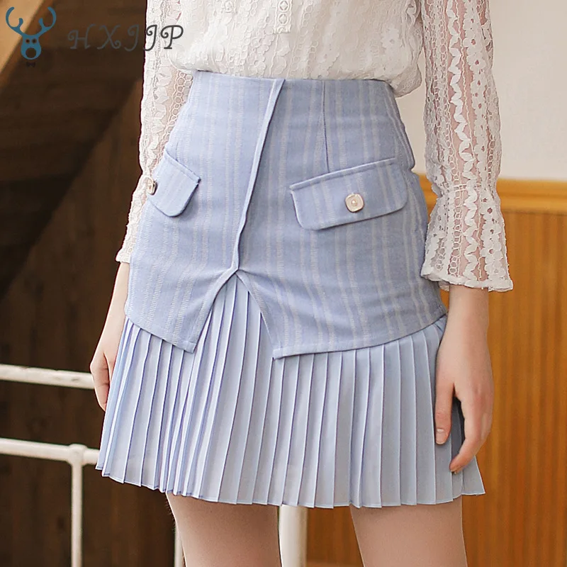 

HXJJP Spring Summer 2019 New Women's Wear Spliced Stripe Short Skirt Sweet Small Fresh Baitie Half-length Pleated Skirt
