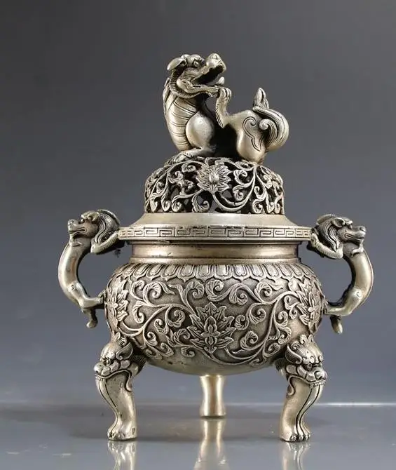 

Collection MingDynasty silver carved dragon censer ornaments,Hand carving crafts,best adornment & collection,free shipping