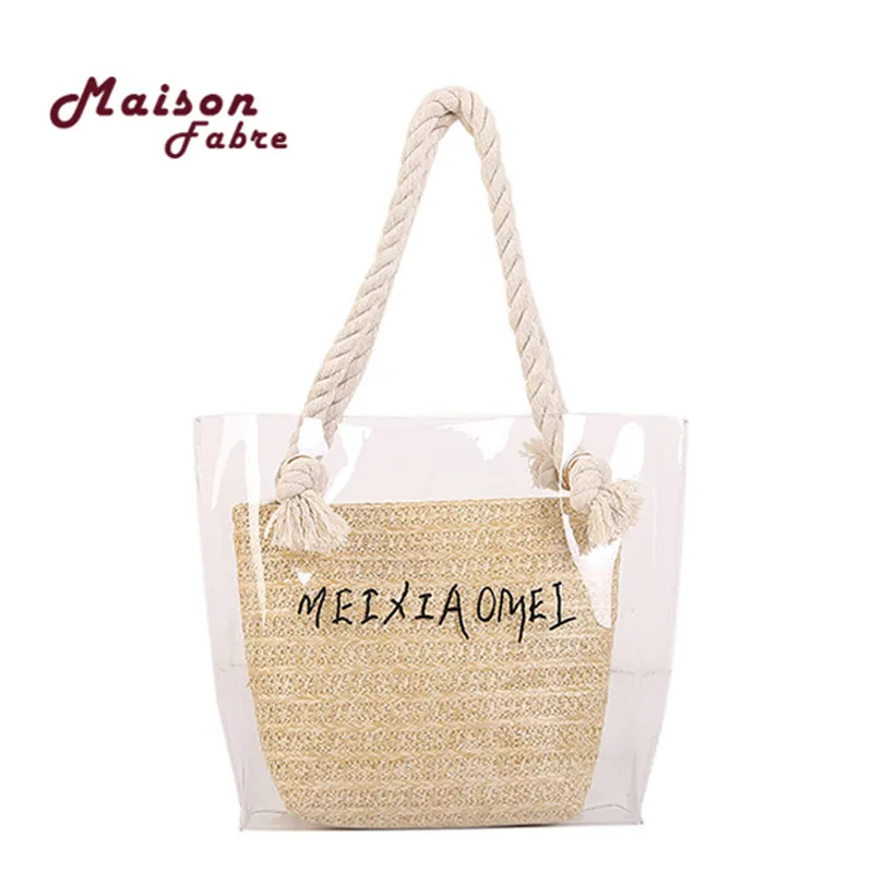 

Summer 2019 Transparent Handbag Women Hand Bags PVC +Straw bag Lady Travel Beach Shoulder Cross Body Bag Holiday