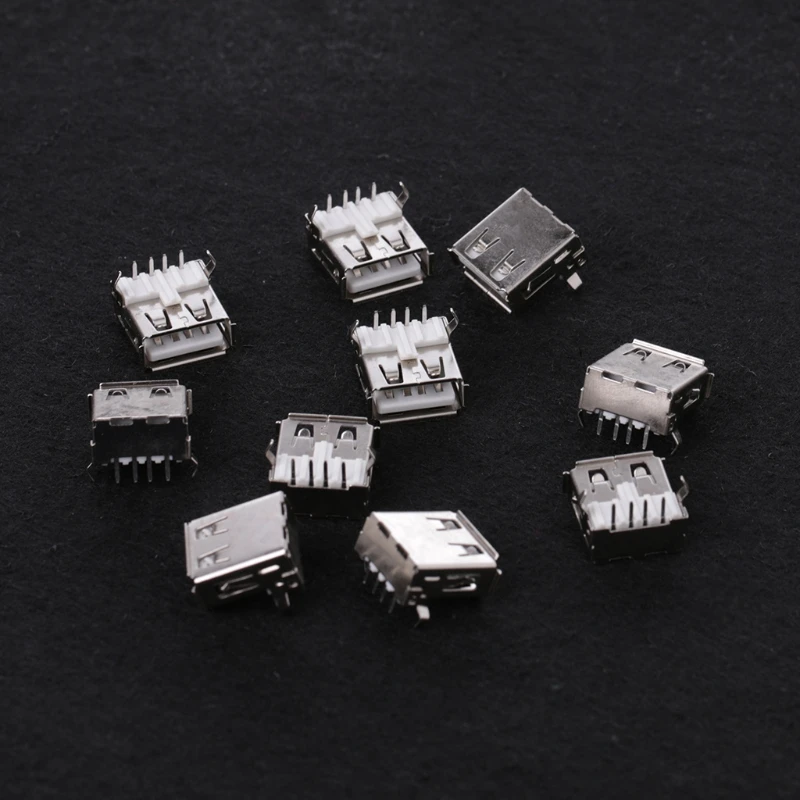 

10 Pcs USB 2.0 Female Type-A 4 Pin Socket Connector 90 Degree Right Angle