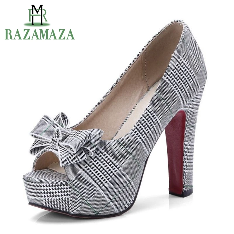 

RAZAMAZA Size 32-43 Chic Women Platform Bowknot High Heel Shoes Women Peep Toe Bowtie Spike Heel Pumps Office Ladies Footwear