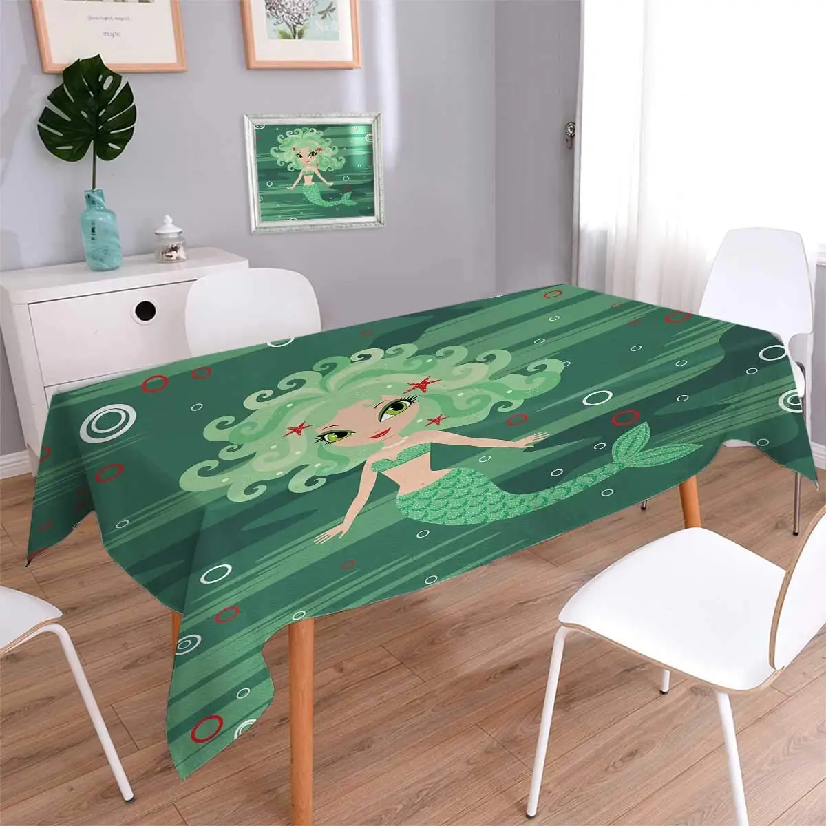Underwater Tablecloth Decor Mermaid Cartoon Water Bubbles Starfish