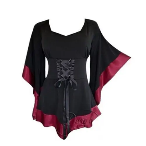 

Womens Vintage Flared Sleeve Lace-up Ladies Loose Shirt Goth Blouse