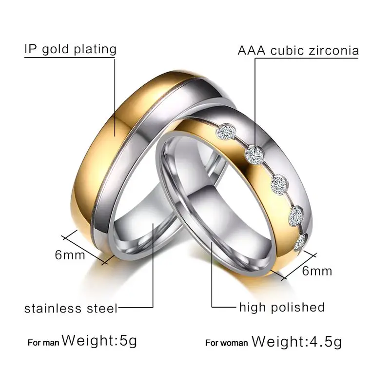 Meaeguet Romantic Cubic Zirconia Lover Wedding Ring Stainless Steel Couple Rings For Promise Finger Jewelry Wedding Bands