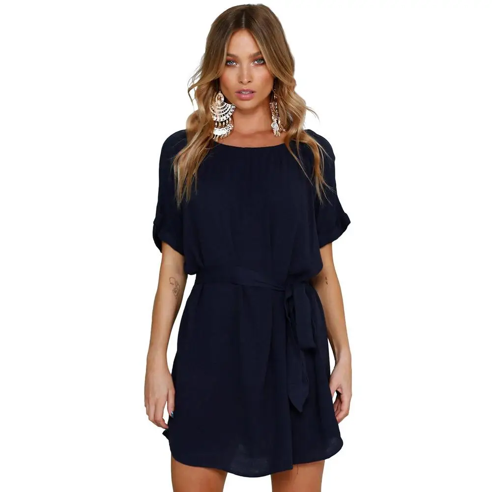 

Yfashion Women Pure Color Round Collar Short Sleeve Casual Chiffon Loose Dress
