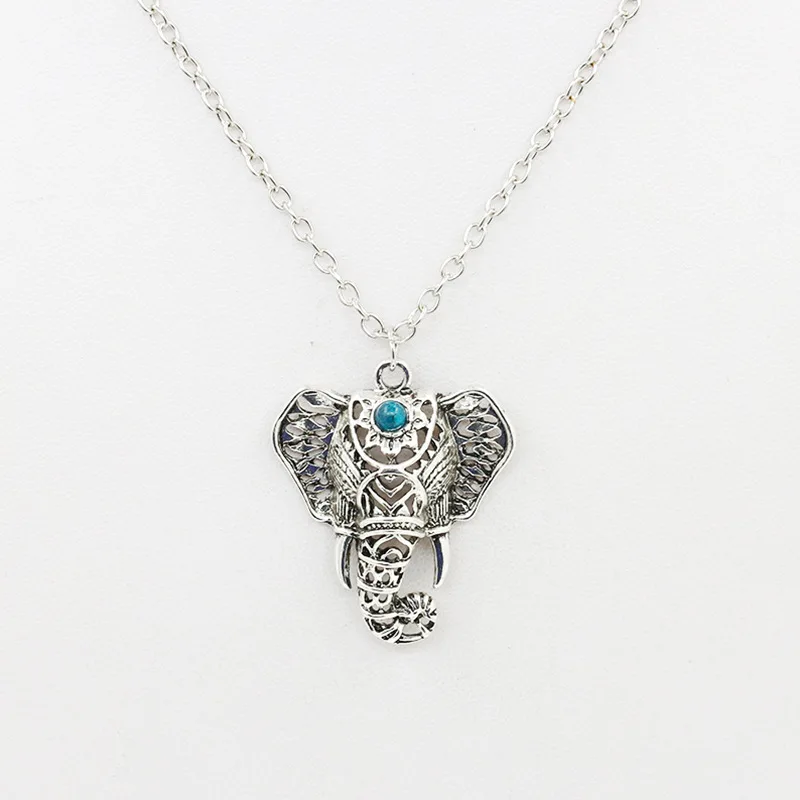 

Women Elephant Pendant Necklace Antique Gold Color Silver Long Chain Fashion Bohemia Blue Beads Statement Charm Choker Jewelry