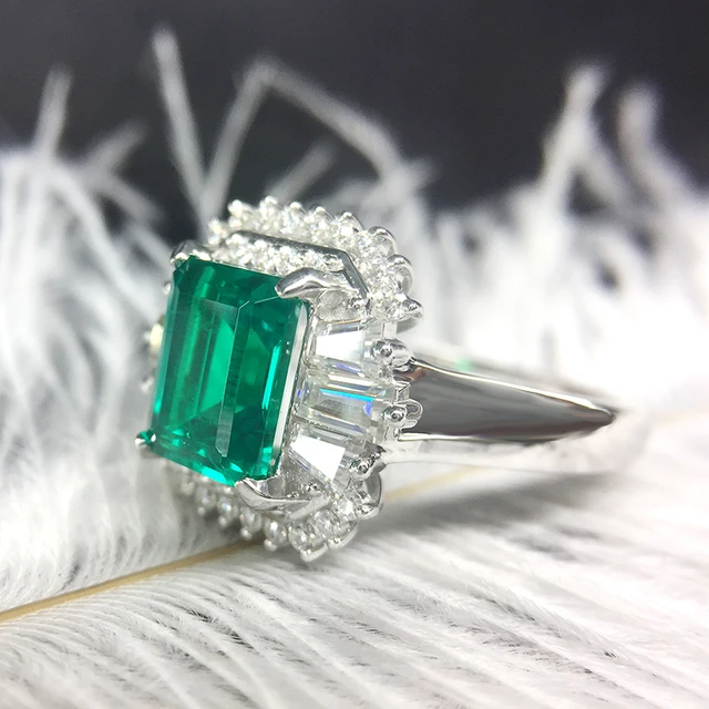 AEAW 4ct AAA Lab Created Colombian Emerald CCE Emgagement Ring Genuine Solid 14k White Gold with Lab Diamond Moissanite