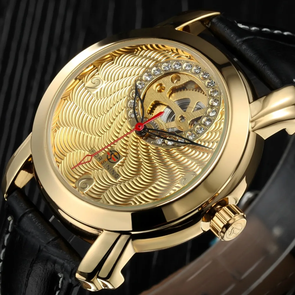 

2018 Forsining Golden Corrugated Designer Men Watches Automatic Small Dial Diamond Display Skeleton Watch