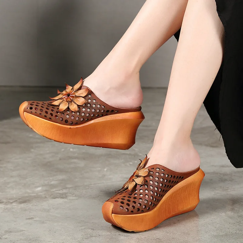 

Women Leather Mules Embroidery 9 CM High Heels Wedge Slippers Women Flower Retro Shoes Handmade Genuine Leather Summer Slippers