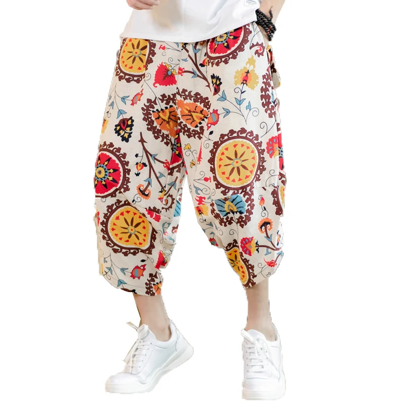 

2019 Summer men linen harem pants mens Calf Length print Beach Pants men Wide Leg Trousers male Bloomers Punk hip hop Tracksuit