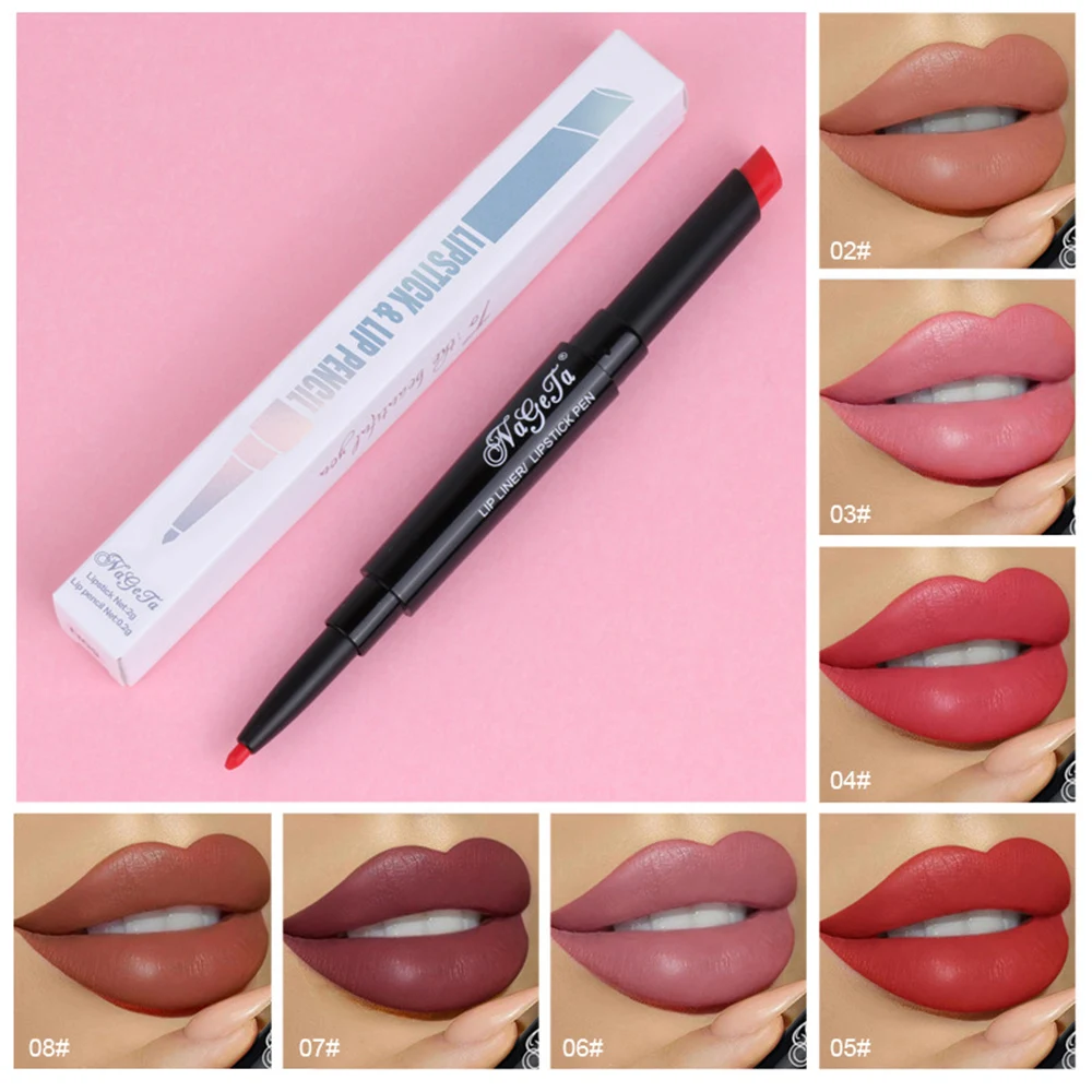 

NAGETA 2 in1 Double Lipstick Pen Semi Matte Long Lasting Waterproof Moisturizing Lip Liner Double Lipstick Pen 12 Colors TSLM1