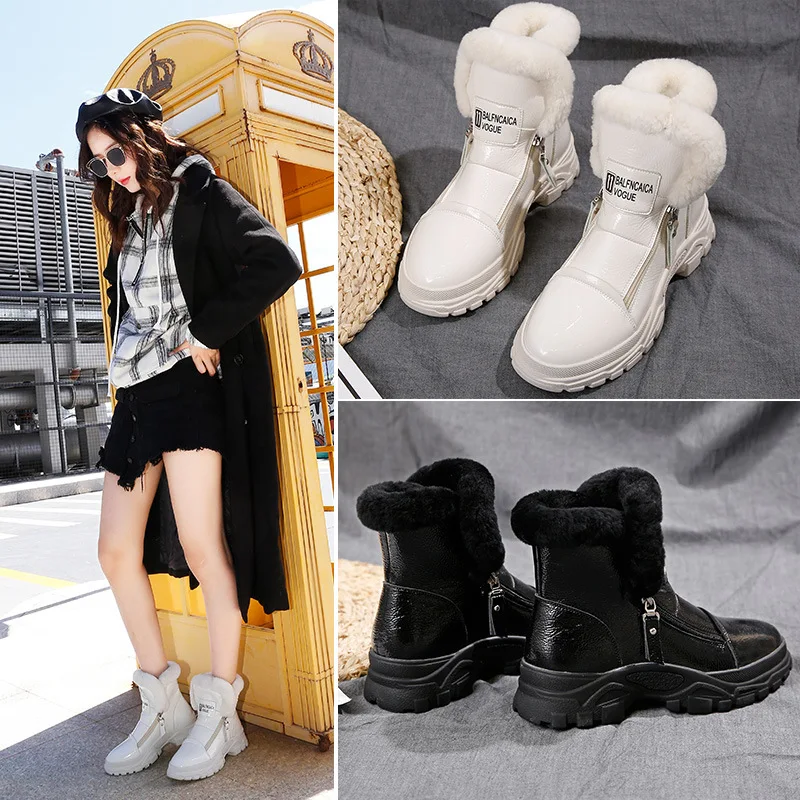

2018 winter new Martin boots female England Korean version plus velvet thick bottom wild casual patent leather shoes
