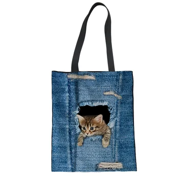 

FORUDESIGNS Classic Denim Jeans Cat 3D Printing Handbag Casual Tote Bags Women Shoulder Bags Female Large Reusable Shopping Bag