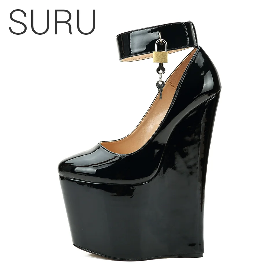 

SURU Ankle Strap with Lock Details Sexy Killer 22cm/8.7" Ultra High Heel Platform Wedges Pumps Plus Large Big Size 48 47 46 45