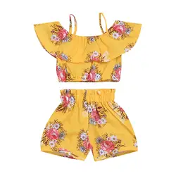 2019 Новая мода для малышей для маленьких девочек Комплект одежды цветочный со складками, с открытыми плечами Tank Топы + короткие штаны 2 шт