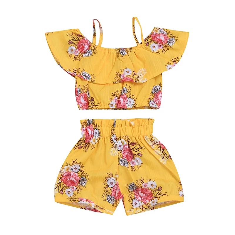 

2019 New Fashion Toddler Kid Baby Girl set clothes Floral Ruffles off Shoulder Tank Tops+Short Pants 2Pcs Set Clothes