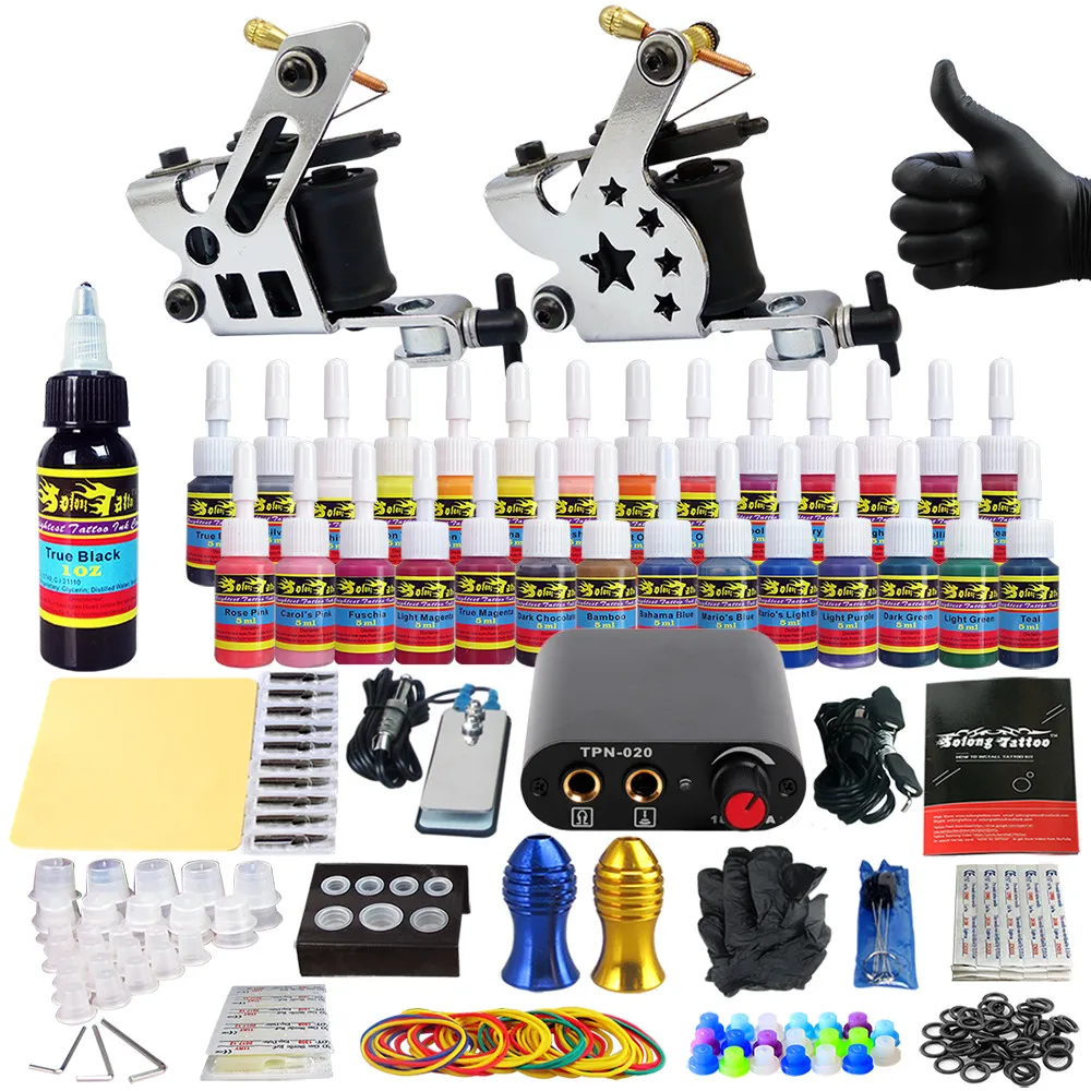 

Solong Tattoo Complete Tattoo Kit for Beginner Starter 2 Pro Machine Guns 28 Inks Power Supply Needle Grips Tips TK204-22