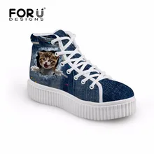 FORUDESIGNS 2016 Моды Женщин Высокие Верха Обуви Старинные Джинсовой Милый Кот Собака Напечатаны Обувь Повседневная Женская Обувь Туфли На Платформе Квартиры