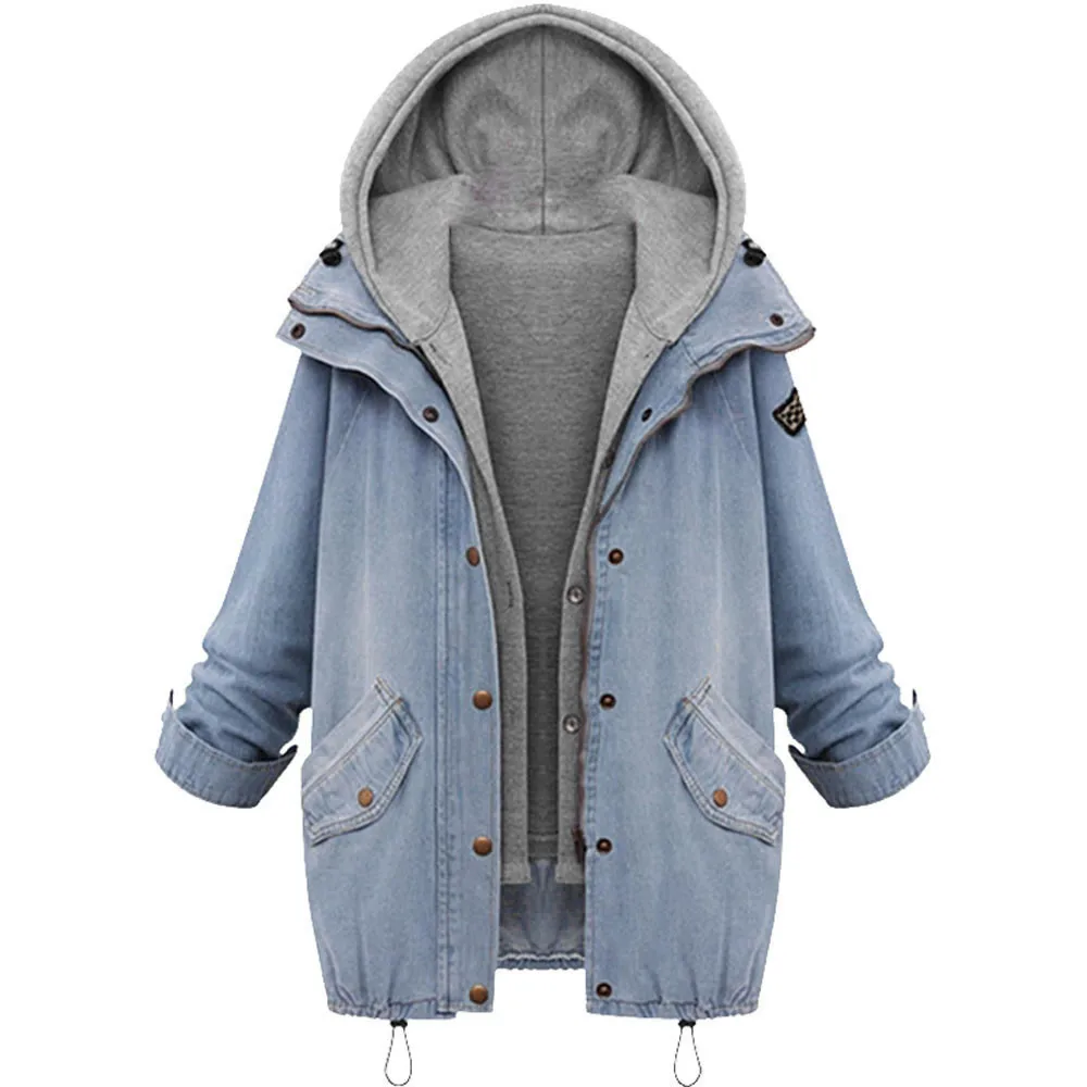 

Autumn New Hooded Drawstring Pockets Two Piece Coat Blue Long Sleeve Single Breasted Denim Jacket Outwear