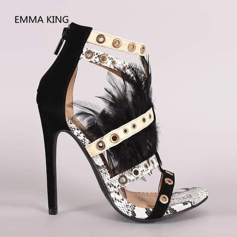 

Sexy Mixed colors Open Toe Feather Gladiator Sandals Women Cut-Outs Party Stiletto High Heels Shoes Woman party Sandalias Mujer