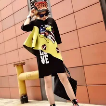 Женское уличное платье-футболка с рюшами и круглым вырезом, платье с пайетками и мультяшными буквами, повседневные свободные платья выше колена