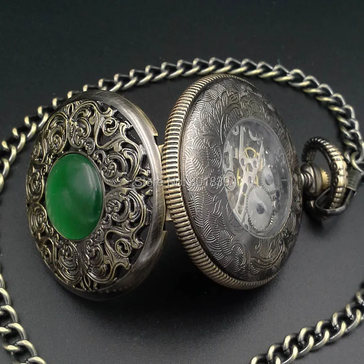 Бронзовый тон узор зеленый камень Win Up Мужские Механические карманные часы с цепочкой хороший Рождественский подарок цена H054