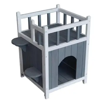 

Double-Layer Wooden Cat Home Pet House Dog Shelter Kennel Nest with Balcony Pet House Small Dog Indoor Outdoor Shelter