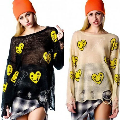 

wholesale 2017 new ultra-thin pullovers o-neck hole small peach love heart smile loose full sleeve women casual sweater tops