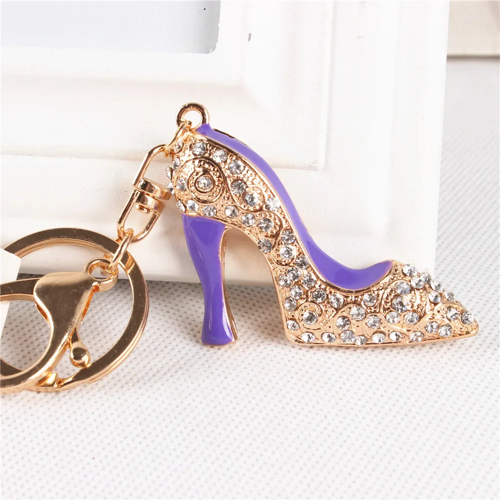

New Fashion Purple Shoe High Heel Cute Crystal Pendant Purse HandBag Key Ring Chain Party Favorite Accessories Friend Gift