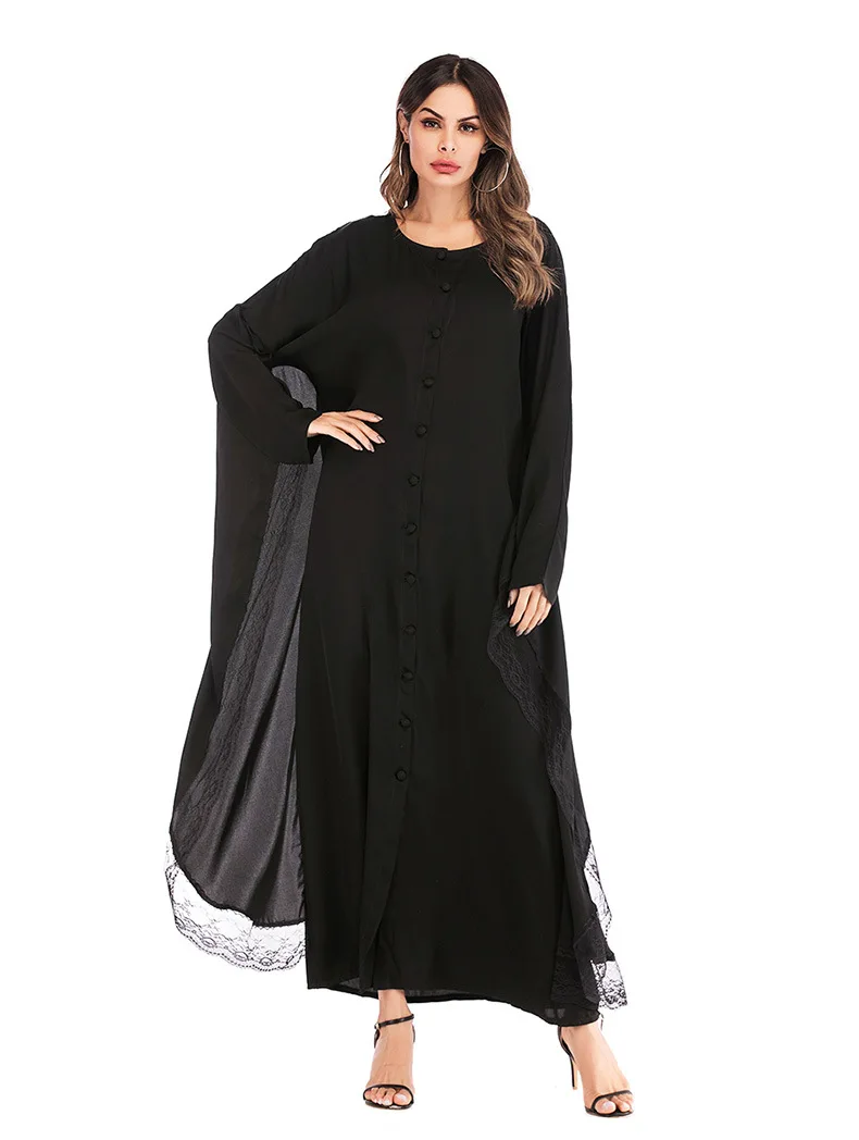 2019 женское мусульманское платье с круглым вырезом рукав "летучая мышь" Лоскутная сетки Исламская Абая платье плюс Размеры Черный Восточный