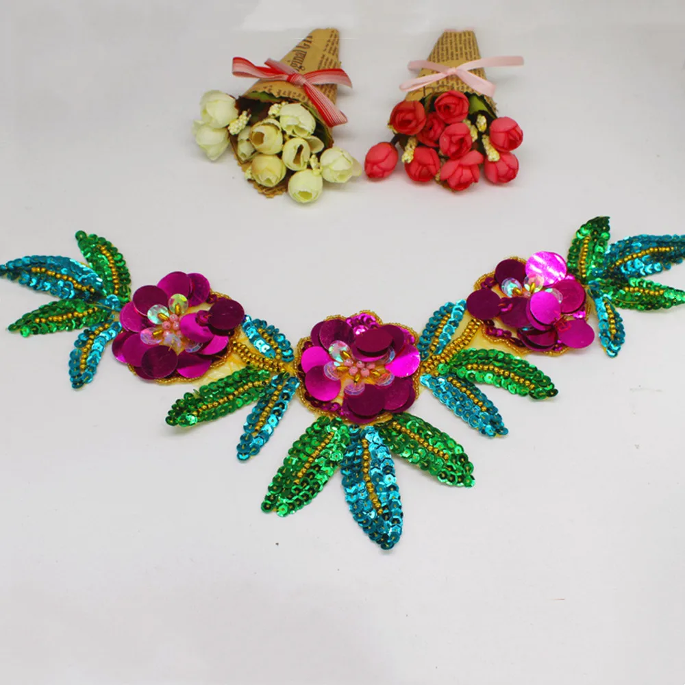 

YACKALASI 3D Sequined Appliqued Trims Colored Green Beading Headwea Patches Flower beaded V-neck Collar 34cm-12.5cm