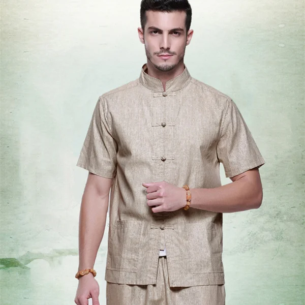 Summer handsome men's short-sleeved shirt linen collar clothing02