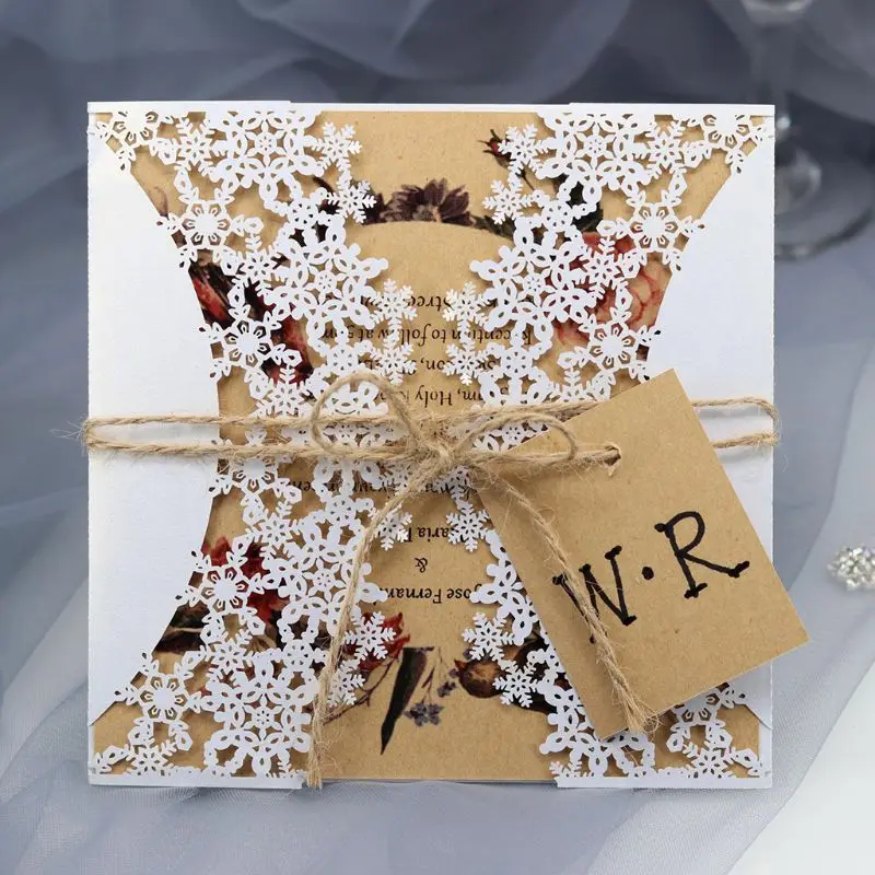  10pcs/set Snowflake Laser Cut Hollow Wedding invitations Cards Lace Hemp Rope Invite Envelopes For  - 33046886545