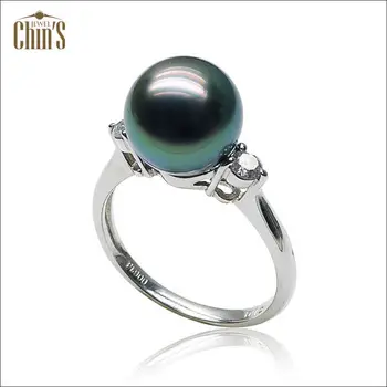 

9-10mm Green Cultured Tahitian Pearl Diamond Platinum Ring Size 6 AAA Quality