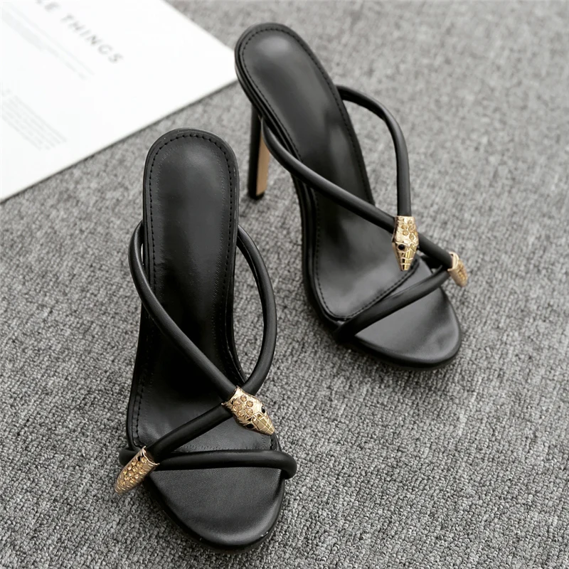 

2019 Style Summer Women 11.5cm High Heels Mules Shales Slides Female Cross Tied Stiletto Heels Slippers Sexy Fashion Snake Shoes