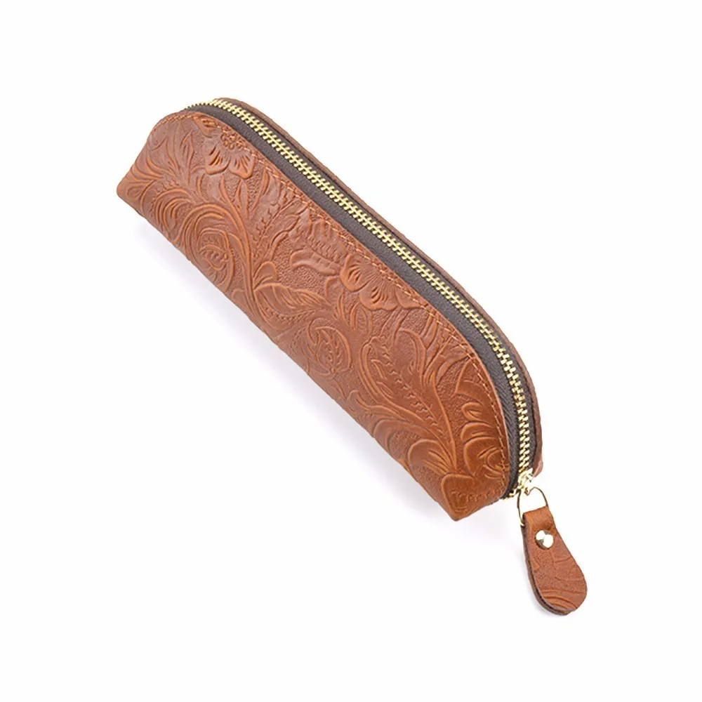 Moterm Handmade Genuine Leather Zipper Pen Pencil Bag Vintage Retro Style Creative School Stationary Accessories Free shipping - Цвет: C Brown