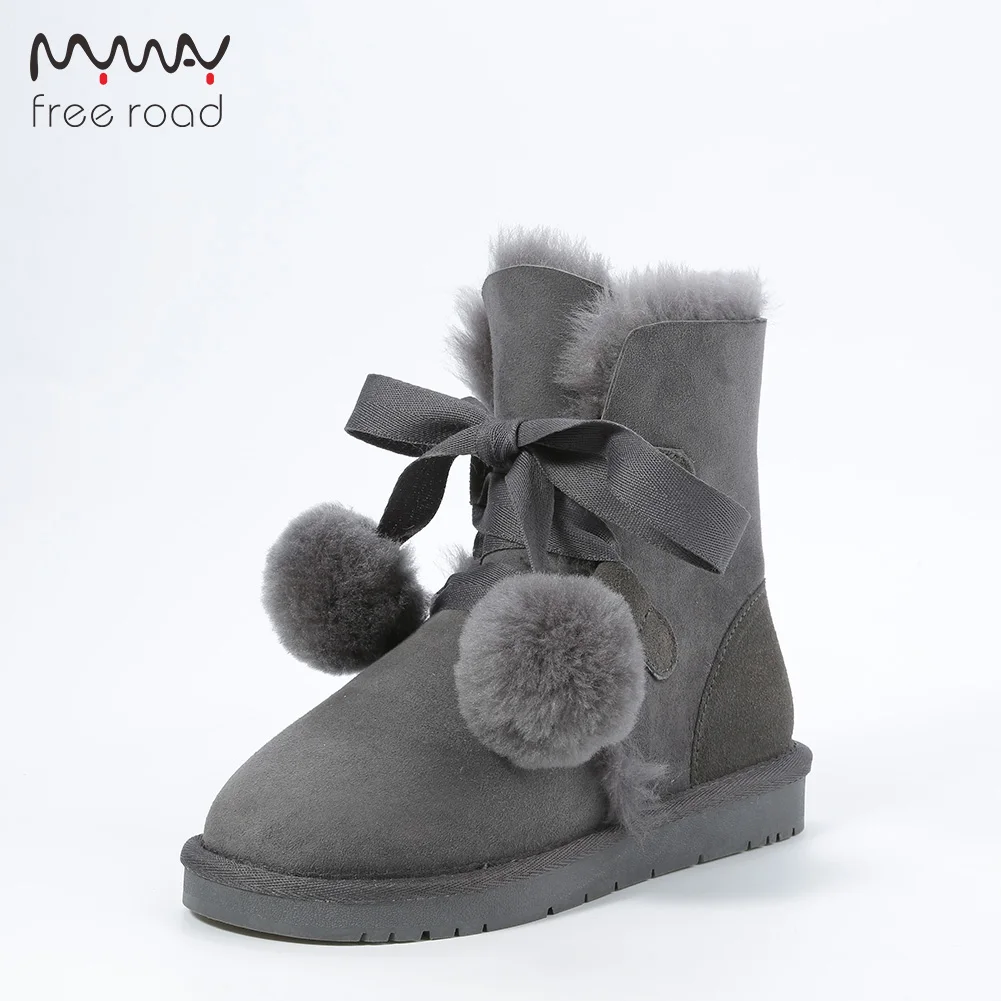 

Women Ankleboots Sheepskin Leather Fur Lined Women Winter Suede Snow Boots Pom-pom Style Ankle Winter Shoes For Sweet Girls