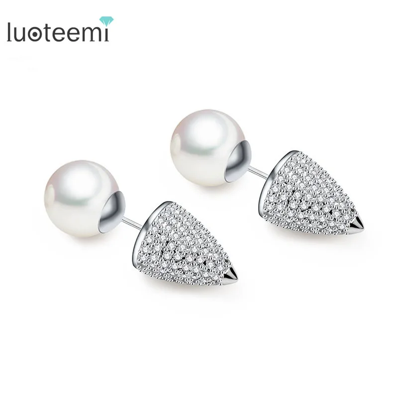 

LUOTEEMI 2Pcs Luxury Cubic Zircon With White Pearl Taper Spike Cheater Expander Fake Ear Plugs Stretcher Earring Stud Piercing