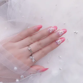 

24pcs/box Mid-length Fake Nail Oval Pink Gradient White Flower And Small Beads Decorated wearable full cover fake nail tips